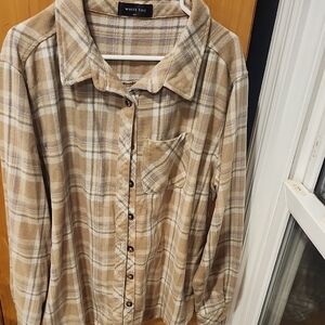 White Fox Boutique Tan and Cream Plaid Button-Up Top